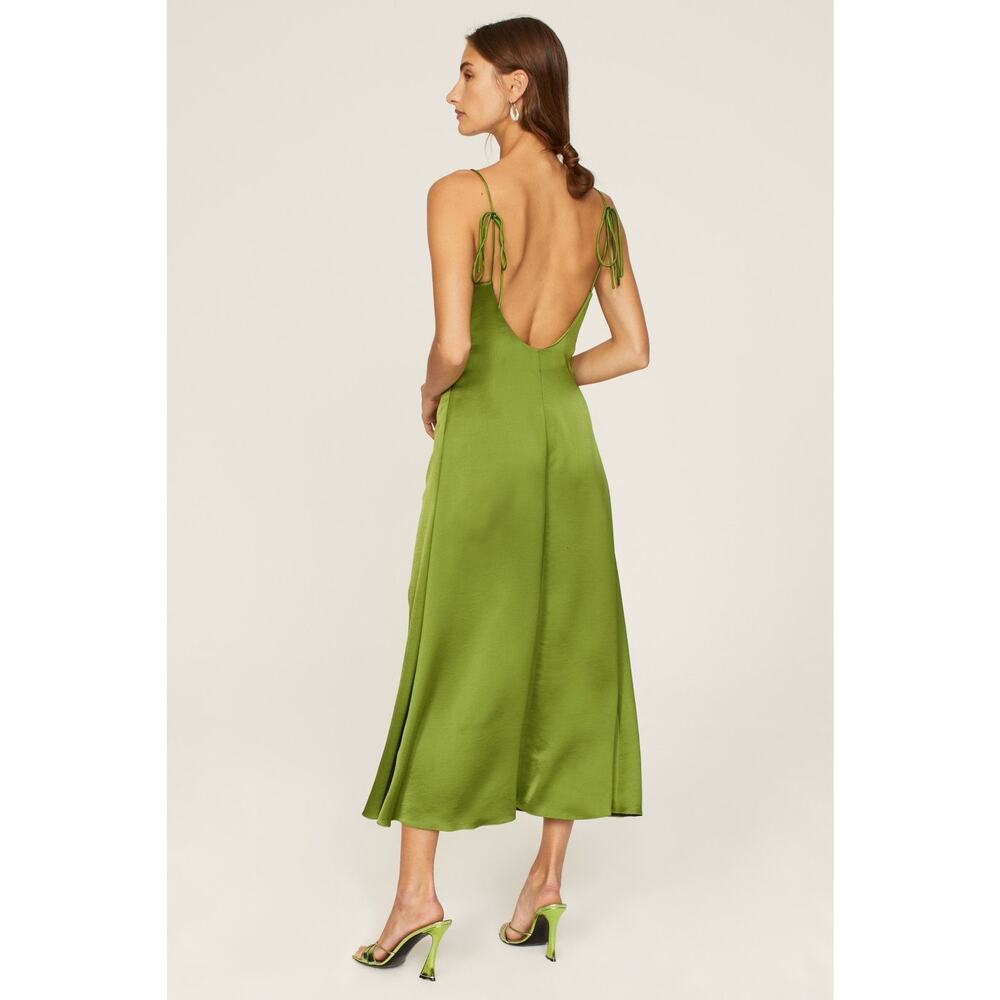Sandro Zola Green Satin Ruched Front Tie Strap Slip Cocktail Midi Dress Size 4 - Picture 2 of 15